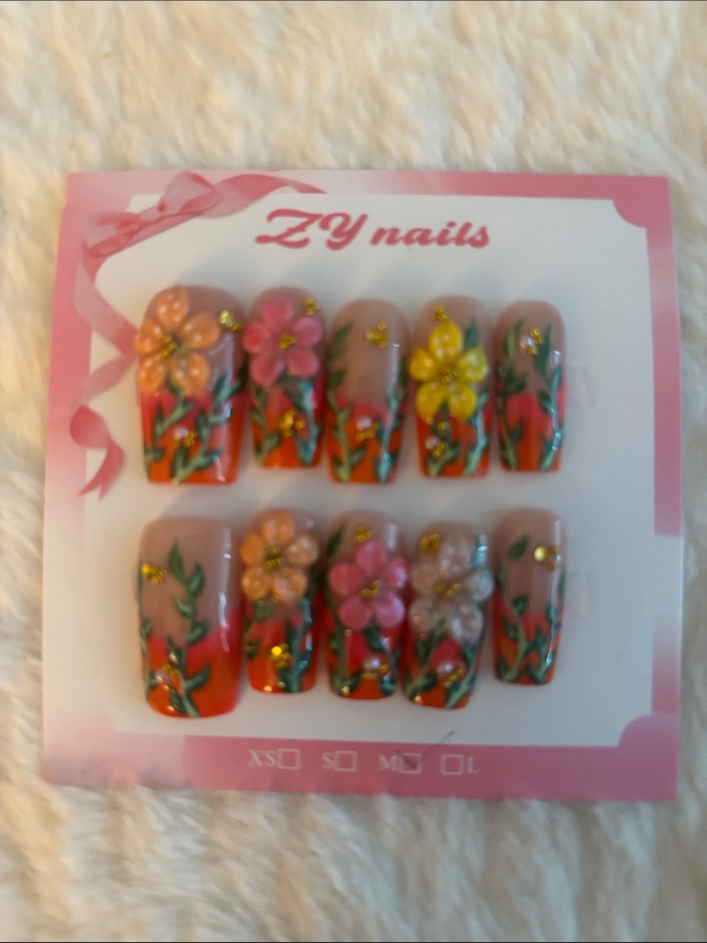 Pink Floral Kids Fake Nail Set
